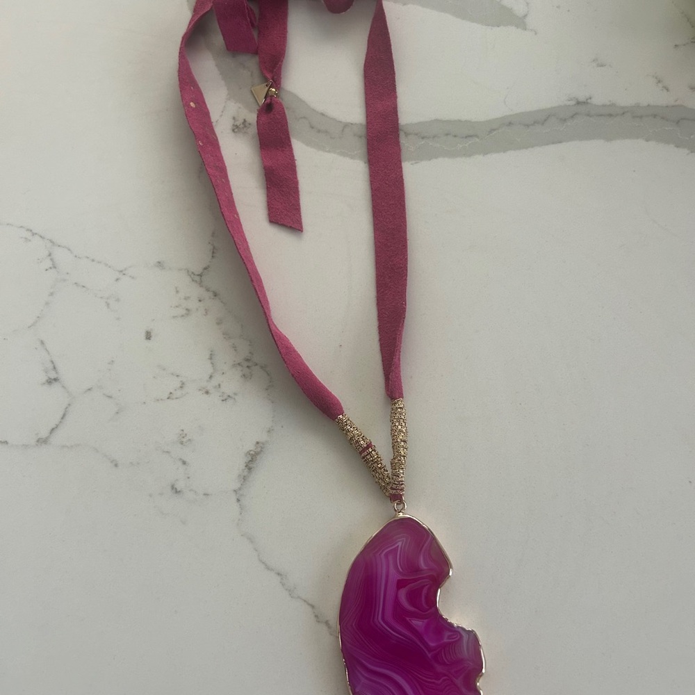 Anthropologie Serefina Pink Agate Pendant Necklace Ribbon Pull Cord Adjustable